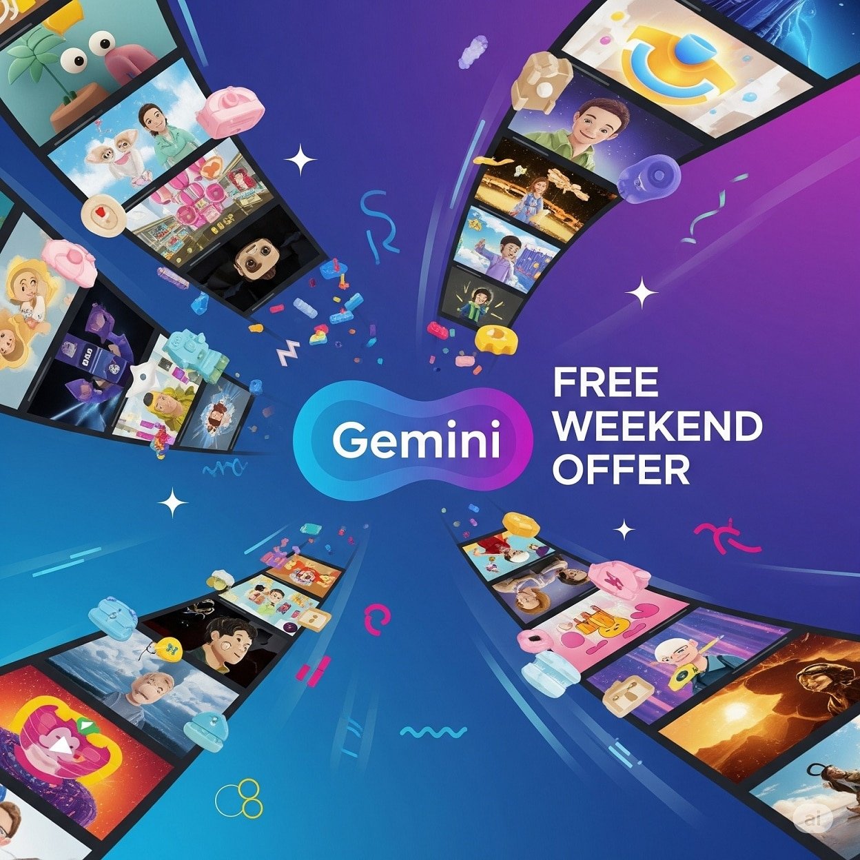 Promotional image for Gemini's free AI video generation weekend offer, showing the Gemini logo and sample video clips.