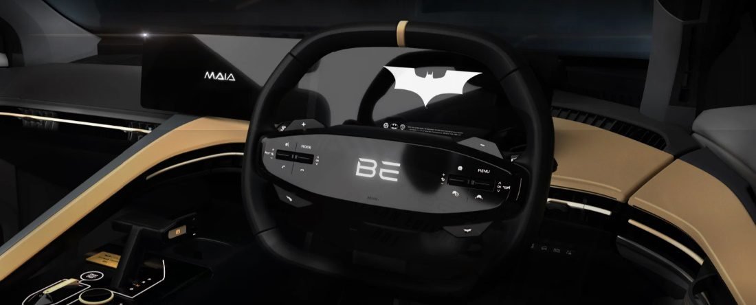 Mahindra BE 6 Batman Edition steering wheel with gold accents and Dark Knight emblem